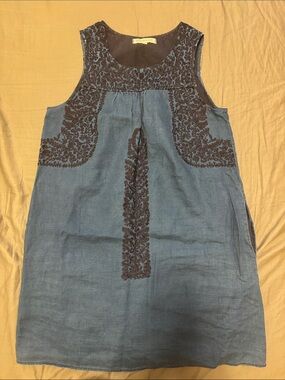 Madewell Blue Linen Dress with Brown Embroidery